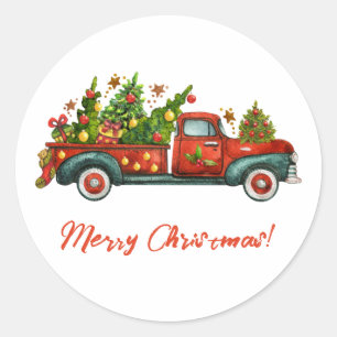 Sticker Rond Vintage Camion Rouge Joyeux Arbre de Noël Salutati