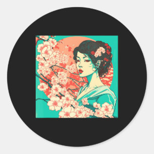 Sticker Rond Vintage cerisier en fleurs Sakura Anime d'art japo