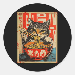 Sticker Rond Vintage chat manger Ramen nouilles Art Japonais
