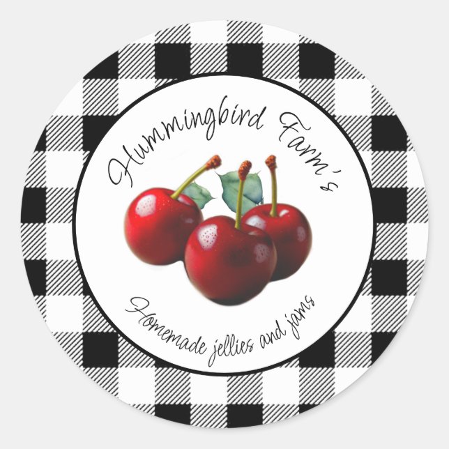 Sticker Rond Vintage Cherries black white gingham (Devant)