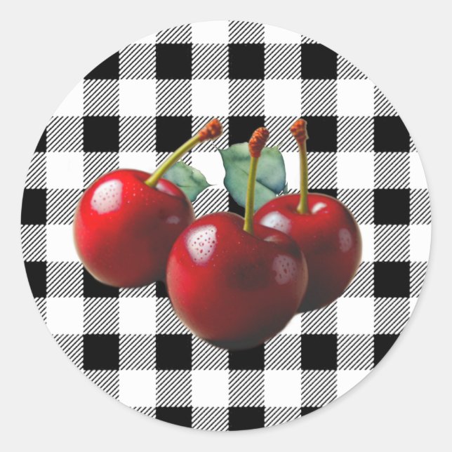 Sticker Rond Vintage Cherries black white gingham (Devant)