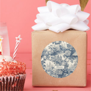 Sticker Rond Vintage chic floral Bleu toile de jouy monogramme