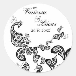 Sticker Rond Vintage Chic Floral Noir Peacock Mariage Bohème