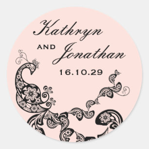 Sticker Rond Vintage Chic Floral Noir Peacock Mariage Bohème