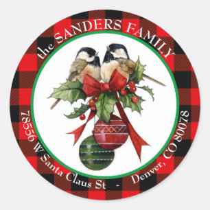 Sticker Rond Vintage Chickadee Holly Christmas Adresse de retou