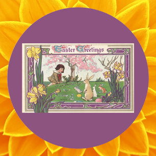 Sticker Rond Vintage Child on an Easter Egg Hunt with Animals
