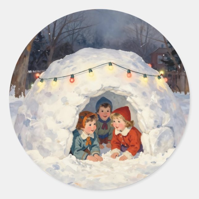 Sticker Rond Vintage Children in Snow Fort (Devant)