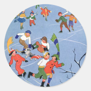 Sticker Rond Vintage Christmas, Enfants Patinage sur glace sur 