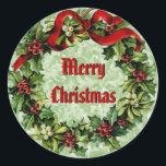 Sticker Rond Vintage Christmas Holly Wreath avec Red Ribbon V09<br><div class="desc">Cette Serre de Noël Vintage Holly avec Ruban Rouge fait un doux ajout à vos cartes de fin de année et cadeaux de Noël.</div>