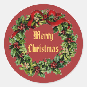 Sticker Rond Vintage Christmas Holly Wreath avec ruban rouge V1