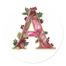 Vintage Christmas Pink Gold Holly Monogram A