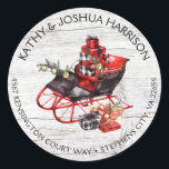 Sticker Rond Vintage Christmas Sleigh and Packages Wood Address<br><div class="desc">Drapeau de Noël Vintage dans rouge vif et noir orné de cadeaux de Noël aux enveloppements éclatants sur un arrière - plan en bois rustique. Personnalisez avec votre propre nom et adresse. Si vous avez besoin d'aide pour la personnalisation, n'hésitez pas à me contacter via mon magasin. Je réponds dans...</div>