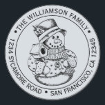 Sticker Rond Vintage Christmas SnowMan Blue Adresse de retour<br><div class="desc">sticker d'adresse de retour de la famille de Noël avec votre nom et adresse en typographie élégante avec un joli bonhomme de neige de Noël dessiné à la main sur un arrière - plan bleu pastel. Ajoutez simplement votre nom et votre adresse. Conçu exclusivement pour vous par Happy Dolphin Studio....</div>