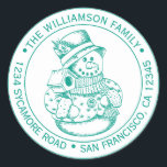 Sticker Rond Vintage Christmas SnowMan Green Ink Adresse de ret<br><div class="desc">autocollant d'adresse de retour de la famille de Noël avec votre nom et adresse en encre verte typographie stylisée avec un joli bonhomme de neige de Noël dessiné à la main sur un arrière - plan blanc. Ajoutez simplement votre nom et votre adresse. Conçu exclusivement pour vous par Happy Dolphin...</div>
