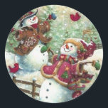 Sticker Rond Vintage Christmas Snowmen<br><div class="desc">autocollant</div>