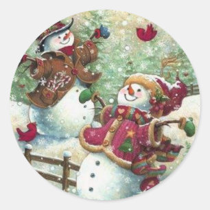 Sticker Rond Vintage Christmas Snowmen