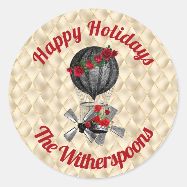 Sticker Rond Vintage Christmas Steampunk Airship sur Cream (Devant)