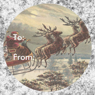 Sticker Rond Vintage Christmas, Victorian Santa Claus in Sleigh