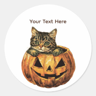 Sticker Rond Vintage Citrouille d'Halloween Kitty