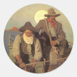 Sticker Rond Vintage Cowboys, l'étape de la paye par NC Wyeth