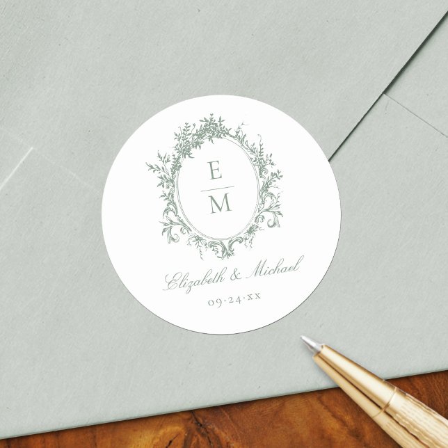 Sticker Rond Vintage Crest Monogramme Botanique Vert Mariage (Créateur téléchargé)