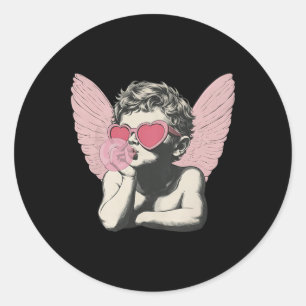 Sticker Rond Vintage Cupid Mignon En Lunettes De Soleil Faisant