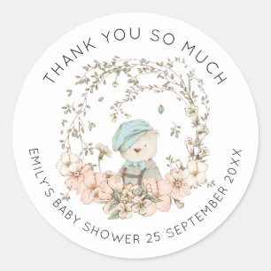 Sticker Rond Vintage Cute Bear Floral Merci Baby shower garçon