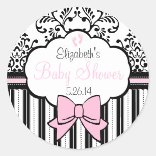 Sticker Rond Vintage Damas et rayures Baby shower rose