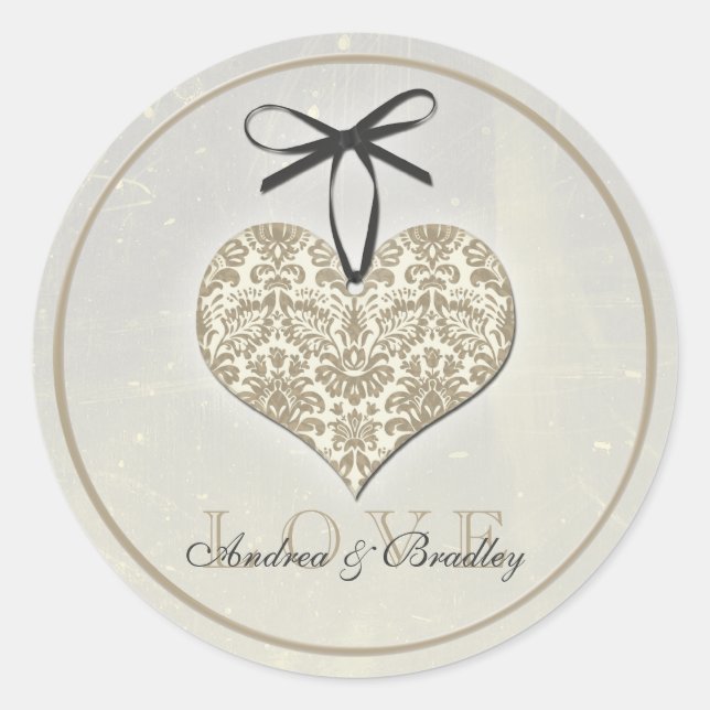 Sticker Rond Vintage Damask Heart Grey Mariage personnalisé (Devant)