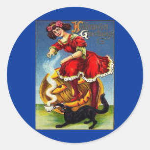 Sticker Rond Vintage dame d'Halloween en rouge