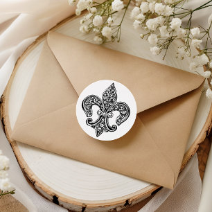 Sticker Rond Vintage dentelle noire et blanche Fleur De Lis