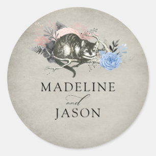 Sticker Rond Vintage Dusty Blue Blush Floral Chat Mariage