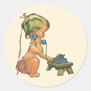 Sticker Rond Vintage enfant mignonne blond fille parler sur le