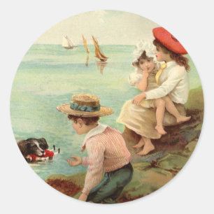 Sticker Rond Vintage - Enfants à la plage