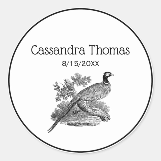 Sticker Rond Vintage faisan Jeu Oiseau Dessin BW (Devant)