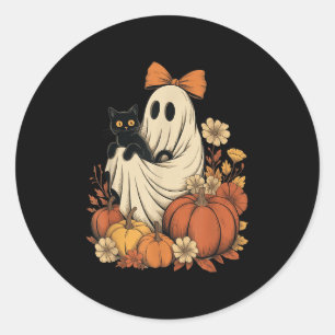 Sticker Rond Vintage Fantôme d'Halloween tenant un chat noir Su