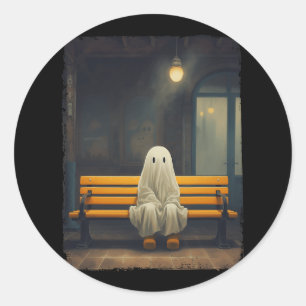 Sticker Rond Vintage Fantôme En Attente Assis Sur Hauteur Chais