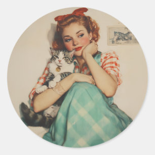 Sticker Rond Vintage fille avec chat