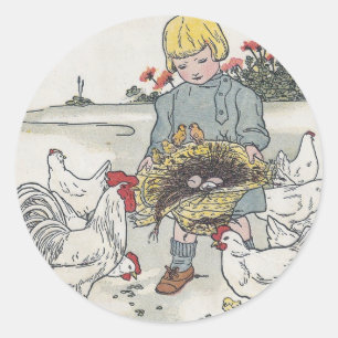 Sticker Rond Vintage fille avec poulets, E est un oeuf