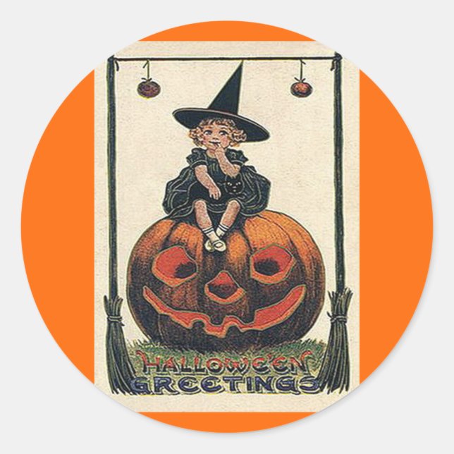 Sticker Rond Vintage fille d'Halloween sur Jack o'Lantern (Devant)