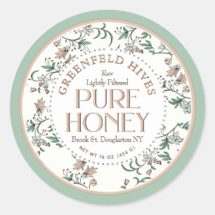 Sticker Rond Vintage Floral Imprimé Abeilles Printemps Vert Raw