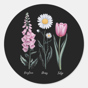 Sticker Rond Vintage Floral Plante Foxglove Daisy Tulip Flower