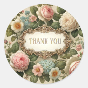 Sticker Rond Vintage Floral Rose rose blanc "Merci"