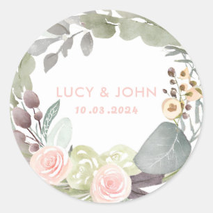 Sticker Rond Vintage Floral Wreath Wedding Favor Rose Sage