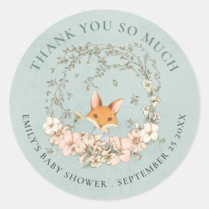 Sticker Rond Vintage Fox Floral Merci Baby shower vert