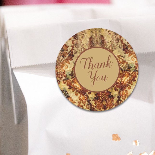 Sticker Rond Vintage Français Automne Brown Damas Merci (Vintage French Autumn Brown Damask Thank you Classic Round Sticker)