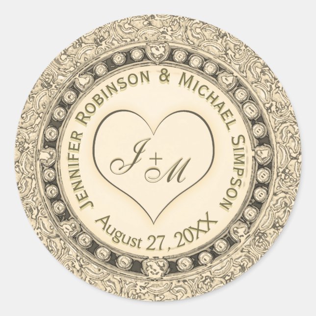 Sticker Rond Vintage Gold Faux Foil Coeur (Devant)