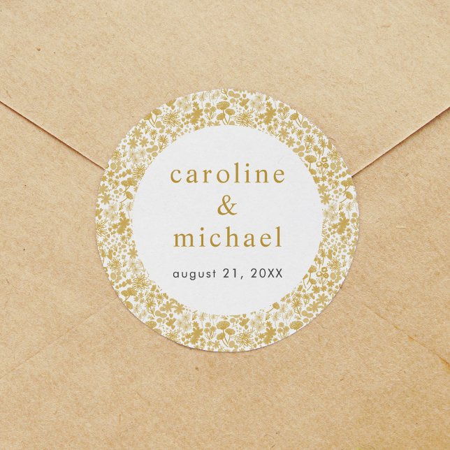 Sticker Rond Vintage Golden Ditzy Floral Mariage (Vintage Golden Ditzy Floral Wedding Classic Round Sticker)