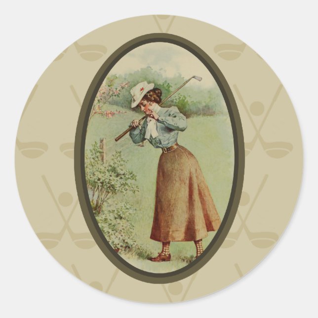 Sticker Rond Vintage Golfing Lady Art (Devant)