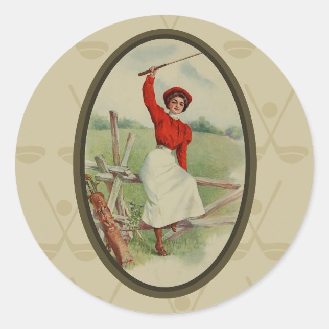 Sticker Rond Vintage Golfing Lady Art (deux) (Devant)